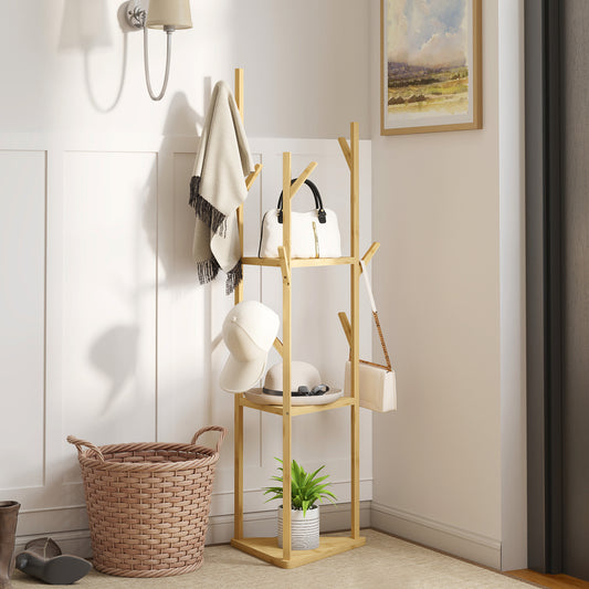 Kledingrek – Kapstok – Garderoberek – Dressboy – Kledinghouder – Natuurlijke Bamboe – 9 Haken & 3 Planken – Stevig & Ruim
