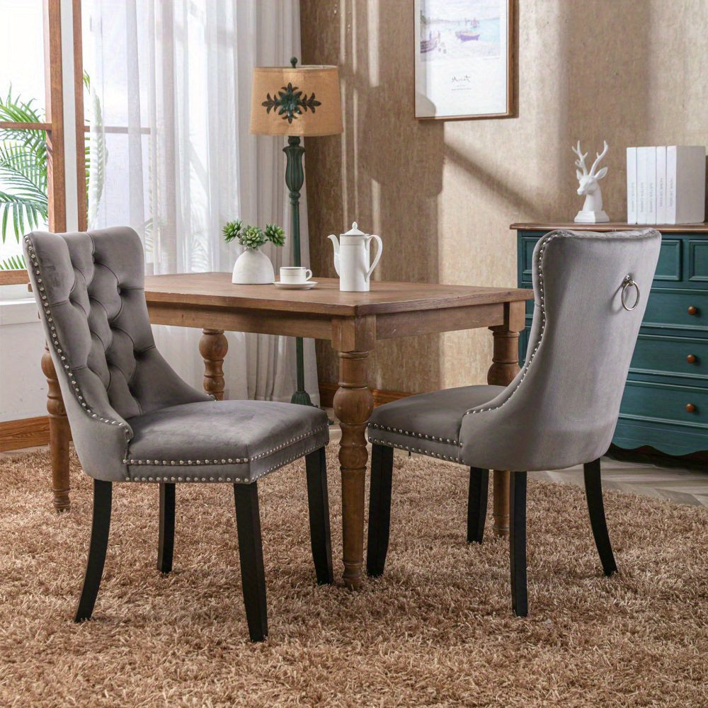 Eetkamerstoelen – Stoelen – Dining Chairs – Kuipstoelen – Velvet Stoelen – Set van 2 Grijze Fluwelen Stoelen – Verstelbare Houten Poten – Comfortabele Hoogwaardige Schuimvulling