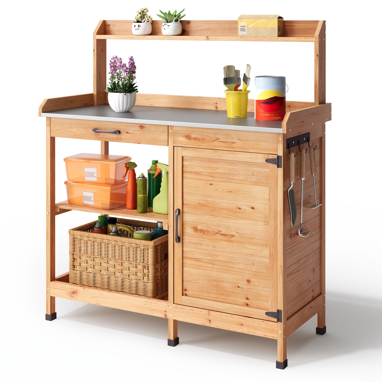 Tuinwerkbank – Werktafel Tuinieren – Plantentafel Met Opbergruimte – Tuinkast Met Planken – Werkbank Met Metalen Werkblad – Houtkleur Variant – Stevig Metalen Werkblad – Handige Zijhaken