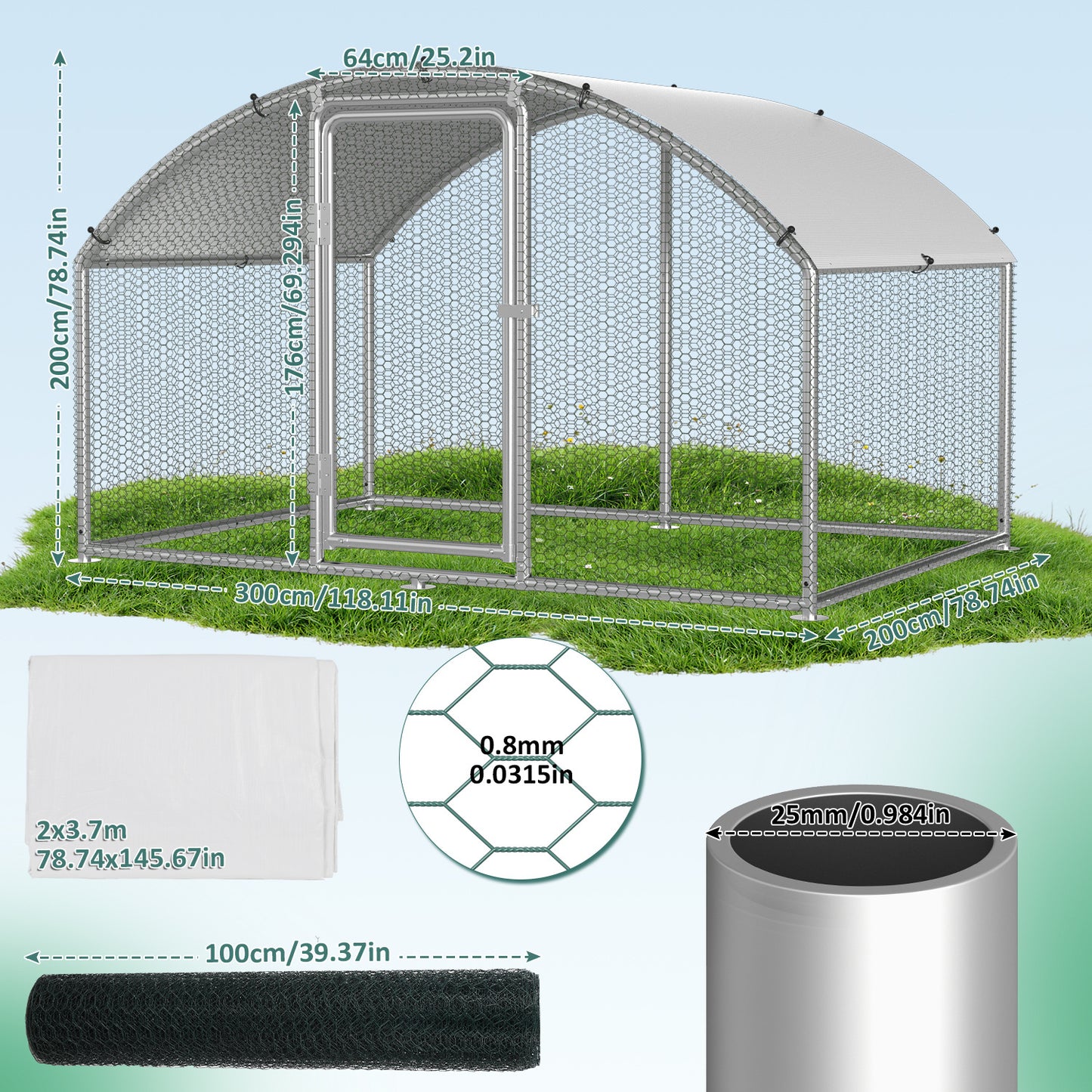 Chicken Coop Free-Range Enclosure, 3X2X2M/3X4X2M/3X6X2M/3X8X2M Galvanized Steel, Chicken House Dome Roof with Lock And Pe-Colored Tarpaulin, Easy to Clean, for Chicken Cage Bird Cage.