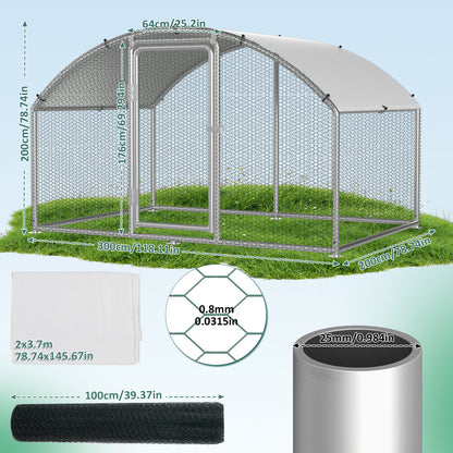 Chicken Coop Free-Range Enclosure, 3X2X2M/3X4X2M/3X6X2M/3X8X2M Galvanized Steel, Chicken House Dome Roof with Lock And Pe-Colored Tarpaulin, Easy to Clean, for Chicken Cage Bird Cage.
