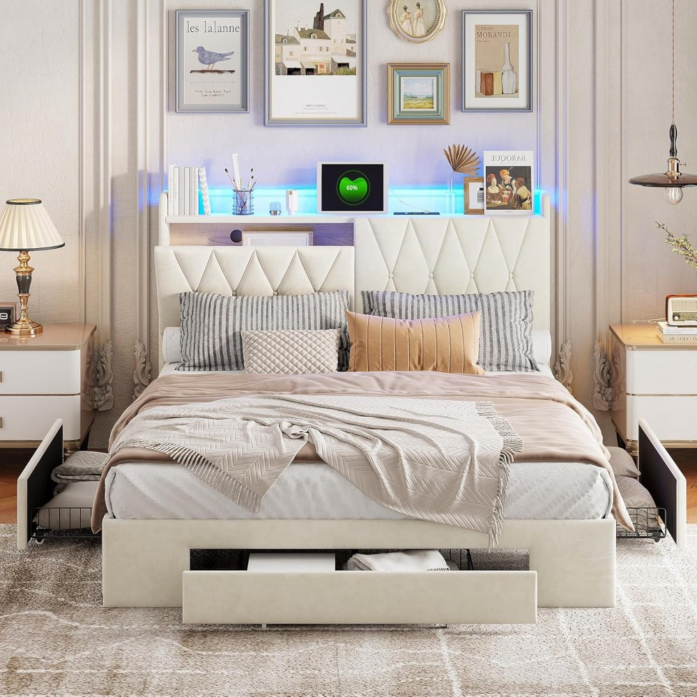 Tweepersoonsbed – Opbergbed – Boxspringbed – Slaapbank – Bedframe – Beige Gestoffeerd 160x200 cm – Met USB Oplaadfunctie en Instelbare LED-lichtstrip