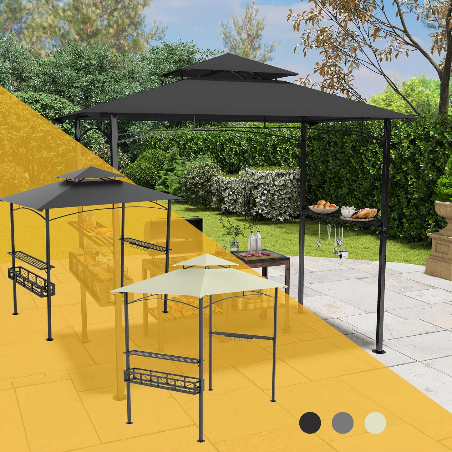 Feesttent – Partytent – Tuinpaviljoen – Schaduwtent – Evenemententent – Extra Groot – Dubbel Dak & Opbergmand – Metaal Frame & Polyester Doek – Eenvoudige Montage – Zwart