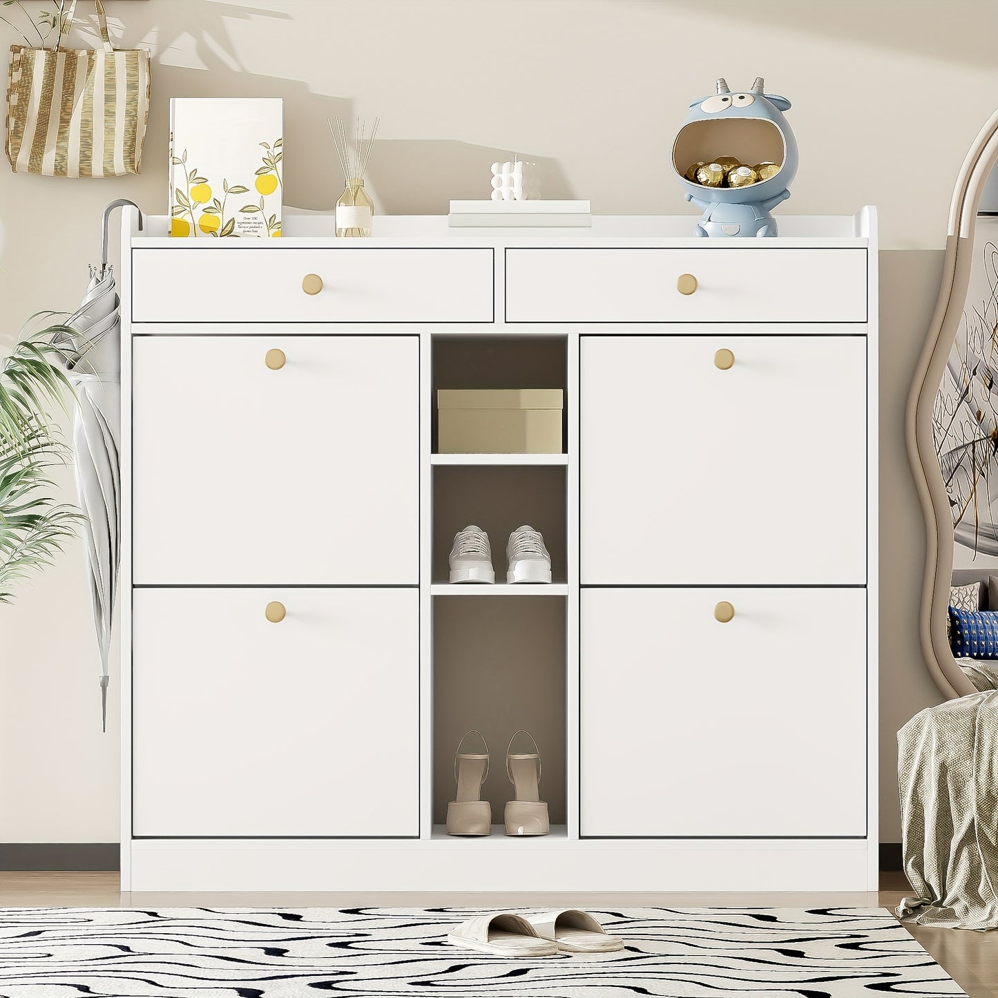 Schoenenkast – Schoenenrek – Schoenenopberger – Schoenenbank – Kast – Wit – 4 Draaideuren & 2 Lades – 110x26x100 cm – Ruime Opbergruimte – Gouden Handgrepen