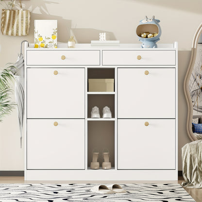 Schoenenkast – Schoenenrek – Schoenenopberger – Schoenenbank – Kast – Wit – 4 Draaideuren & 2 Lades – 110x26x100 cm – Ruime Opbergruimte – Gouden Handgrepen