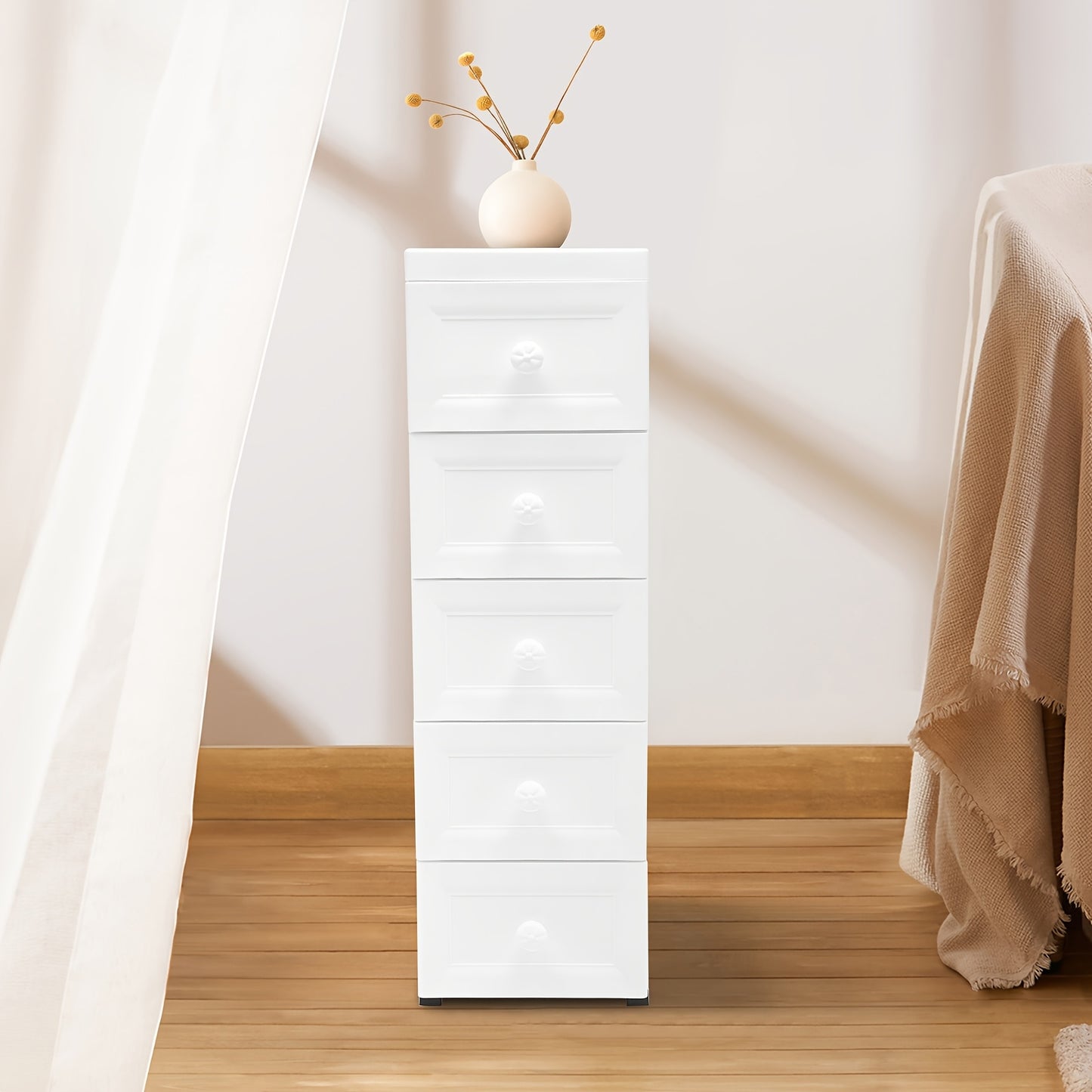 Ladenkast – Ladekast – Kommode – Opbergkast – Dressoir – Modern – 5 Lades – Wieltjes – Wit – Kunststof – Compact 25x34x82 cm