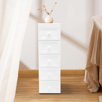 Ladenkast – Ladekast – Kommode – Opbergkast – Dressoir – Modern – 5 Lades – Wieltjes – Wit – Kunststof – Compact 25x34x82 cm