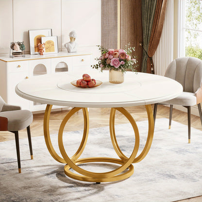 Eettafel – Dinertafel – Keukentafel – Salontafel – Rond – Extra Groot 119 cm – Wit Gelakt Spaanplaat – Gouden Metalen Onderstel – Ruimtebesparend & Modern Design