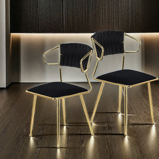 Eetkamerstoel – Stoel – Dining Chair – Kuipstoel – Velvet Stoel – Set Van 2 – Zwarte Velvet Bekleding – Gouden Metalen Poten