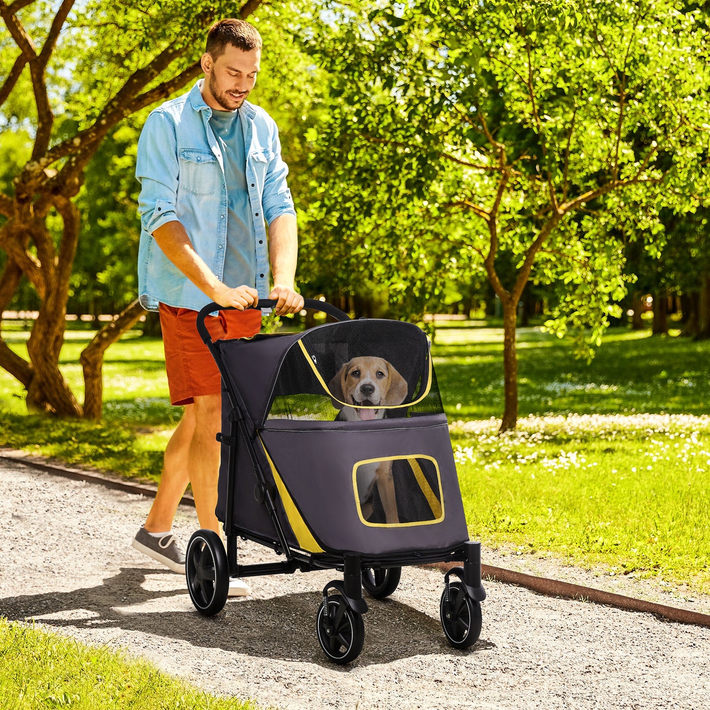 Hondenwagen – Opvouwbare Hondenbuggy – Hondenkar – Dierenwagen – Huisdierwagen – Tot 30 kg Draagvermogen – One-Click Inklapsysteem – Veiligheidsharnassen – Opbergvakken – Donkergrijs