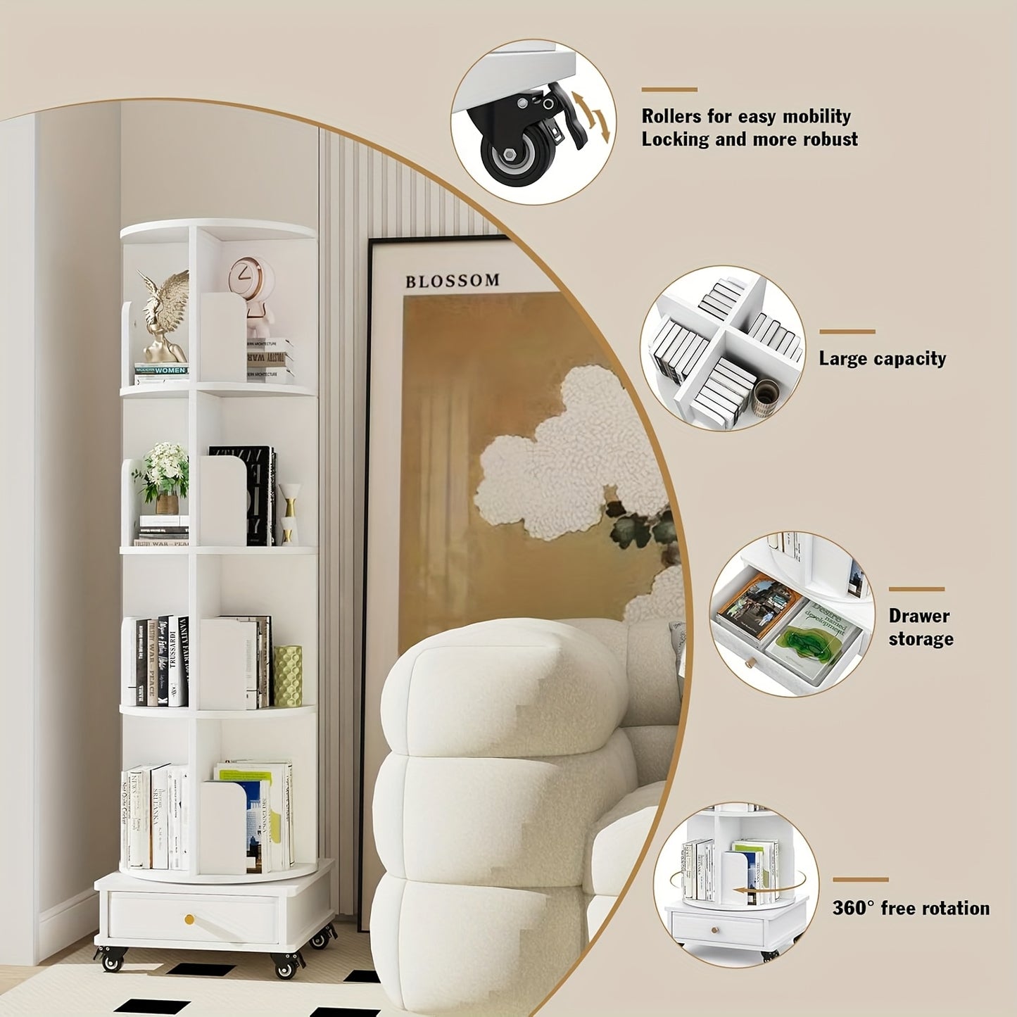 Boekenrek – Boekenplank – Boekenkast – Opbergkast – Wit – 4-Lagen Met Lade – 360° Draaibaar Met Wieltjes