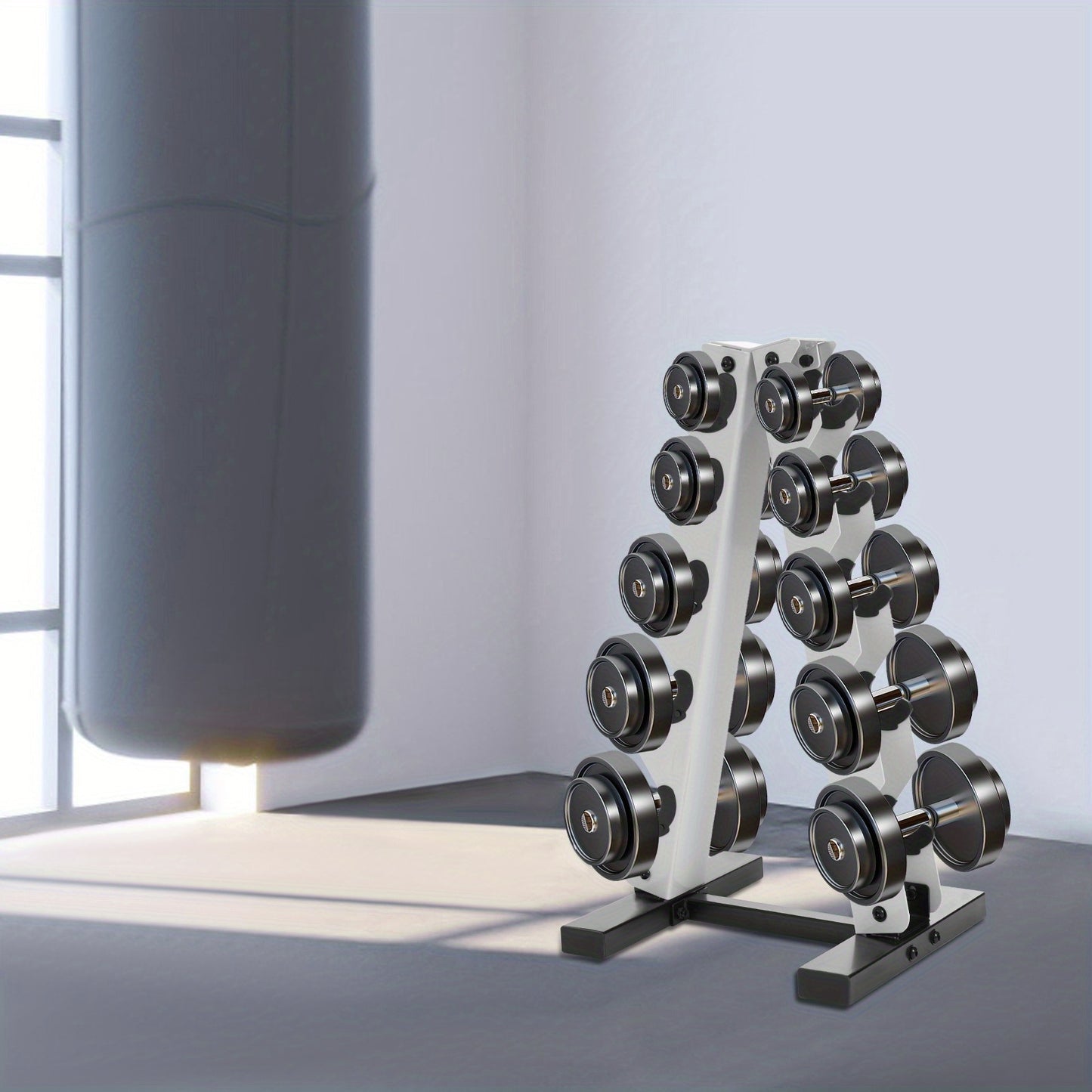 Halterschijfrek – Dumbbell Rek – Gewichtenrek – Schijvenstandaard – Opbergrek – Wit – 5 Laags A-Frame Design – Stijlvol en Ruimtebesparend
