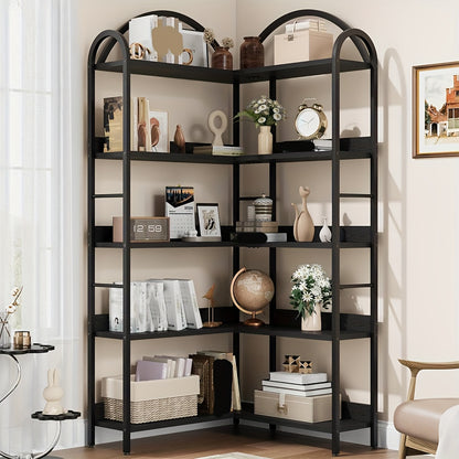 Hoekboekenkast – Hoekrek – Boekenplank – Opbergkast – Boekenkast – 173,99 cm Hoog – Verstelbare Planken – Stalen Frame – Industrieel Design – Zwart