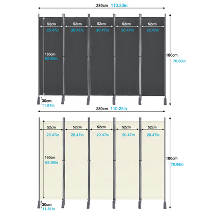 Roomdivider – Kamerscheider – Paravent – Ruimteverdeler – Privacy Scherm – Vouwbaar 5-Panels 280x180 cm – Stalen Frame & Polyester Doek – Antraciet
