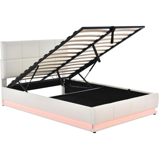 Boxspring Bed – Tweepersoonsbed – Opbergbed – LED Bed – Kunstleer Bed – 140x200 cm – Hydraulisch Opzetmechanisme – 16 Kleuren LED-verlichting