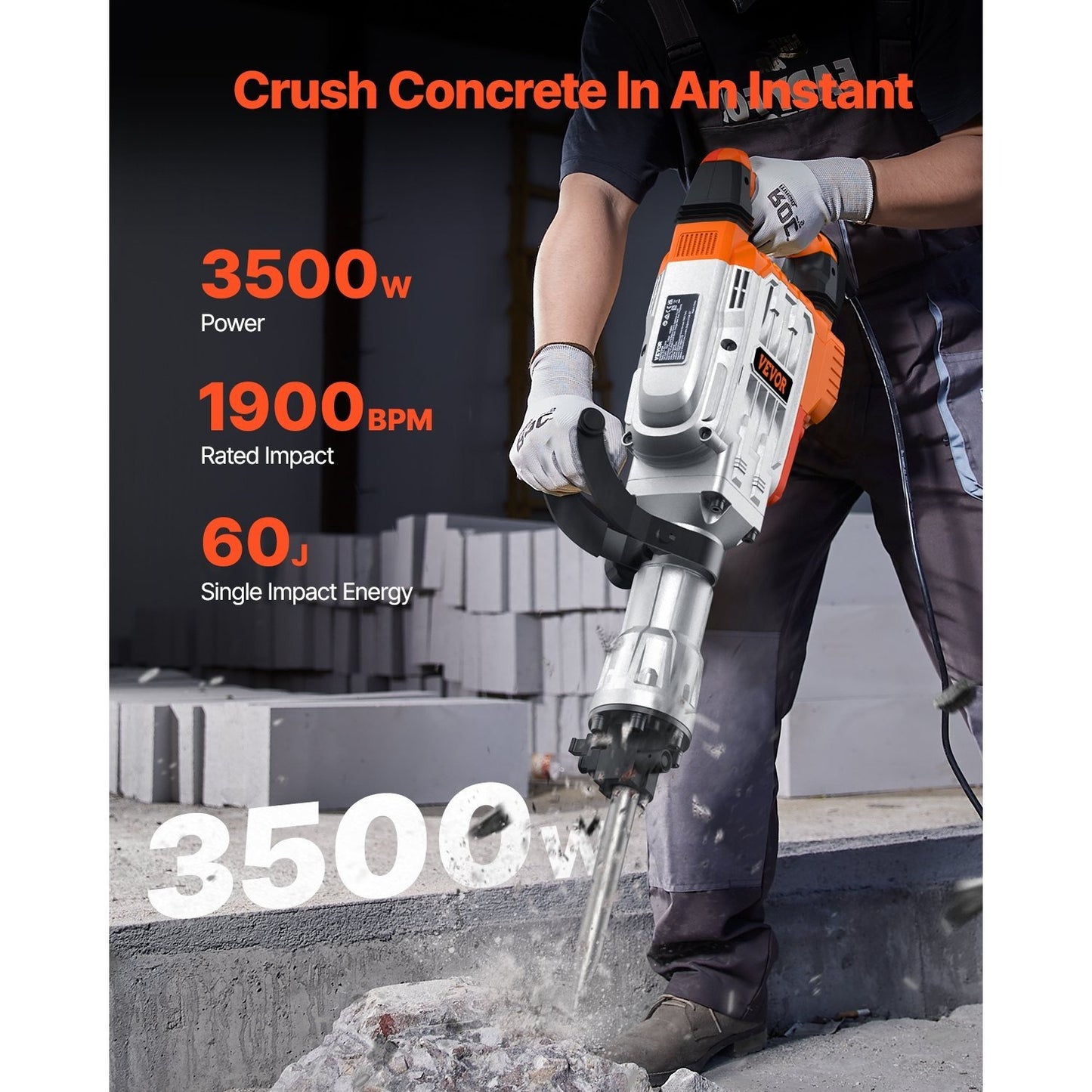Slaghamer – Sloophamer – Breekhamer – Voorhamer – Slagtrekker – 3500W Krachtige Motor – 60 Joule Slagkracht