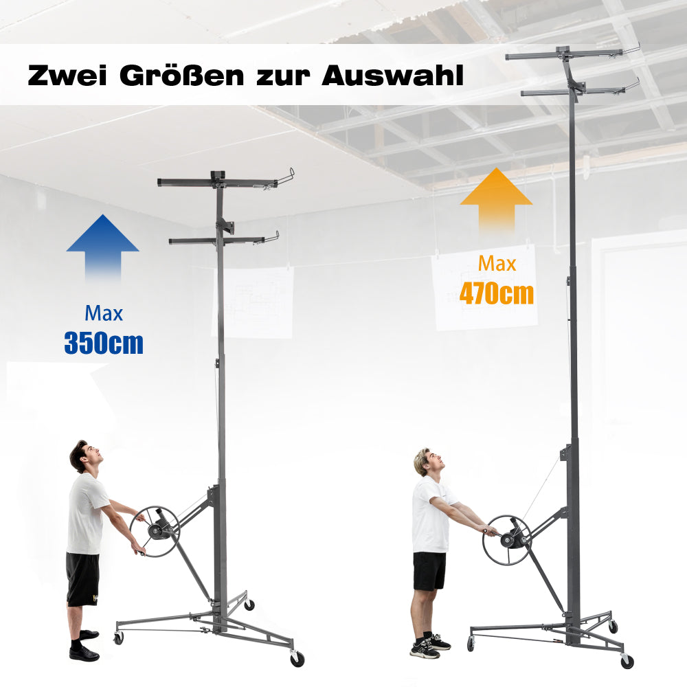 Gipsplaatlift – Drywall Lift – Panelenlift – Plafondlift – Wandplaatlift – Verstelbare Hoogte 180-470 cm – Draagkracht 68 kg – 3-Wiel Systeem Met Rem – Kantelbaar 60° – Opvouwbaar