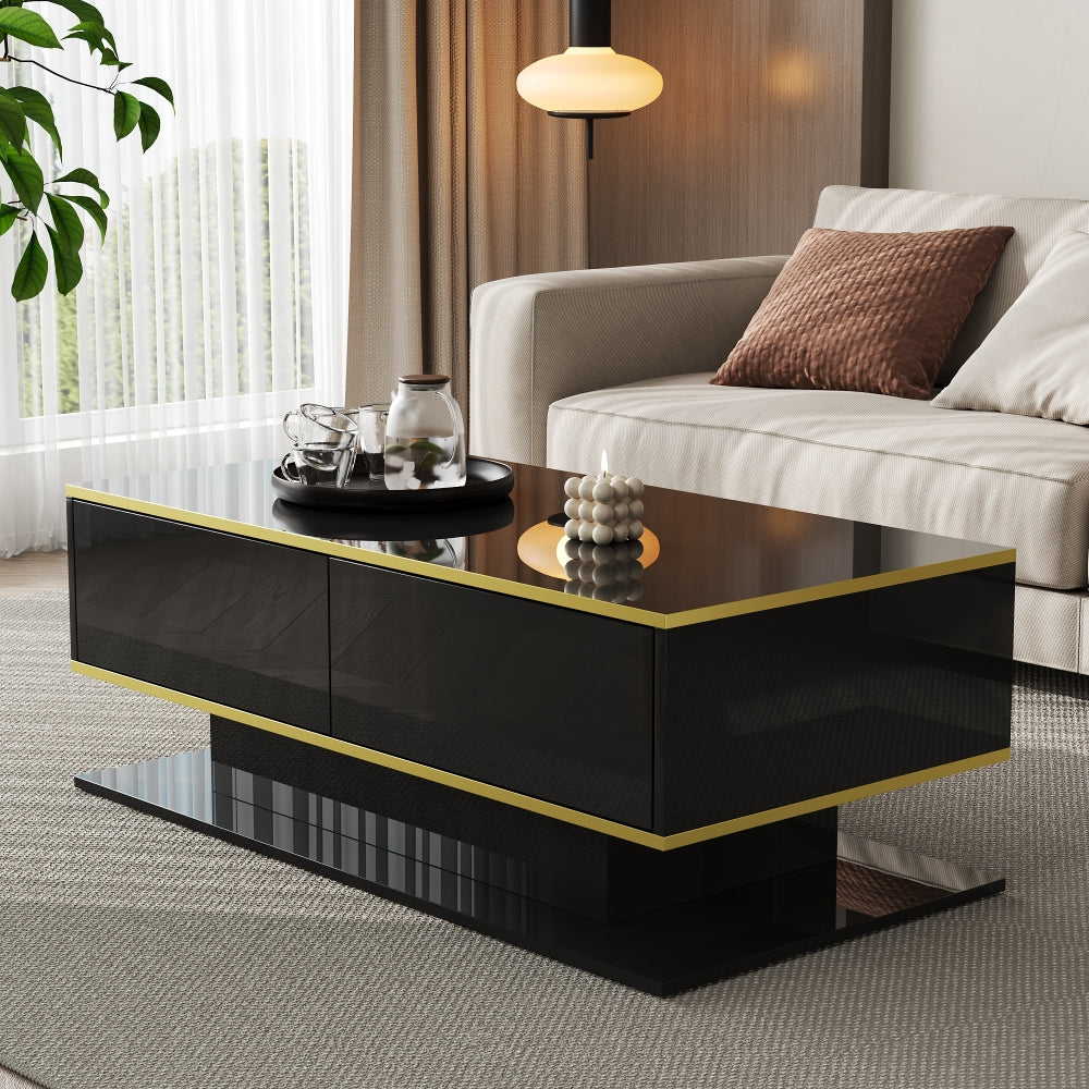 This Elegant and Minimalist Modern Coffee Table Features a High-gloss Finish, Is 100cm Long, Has Golden Trim, and Three Drawers for Storing Household Items and Books. Suitable for Kitchens, Living Rooms, and Bedrooms, It Come