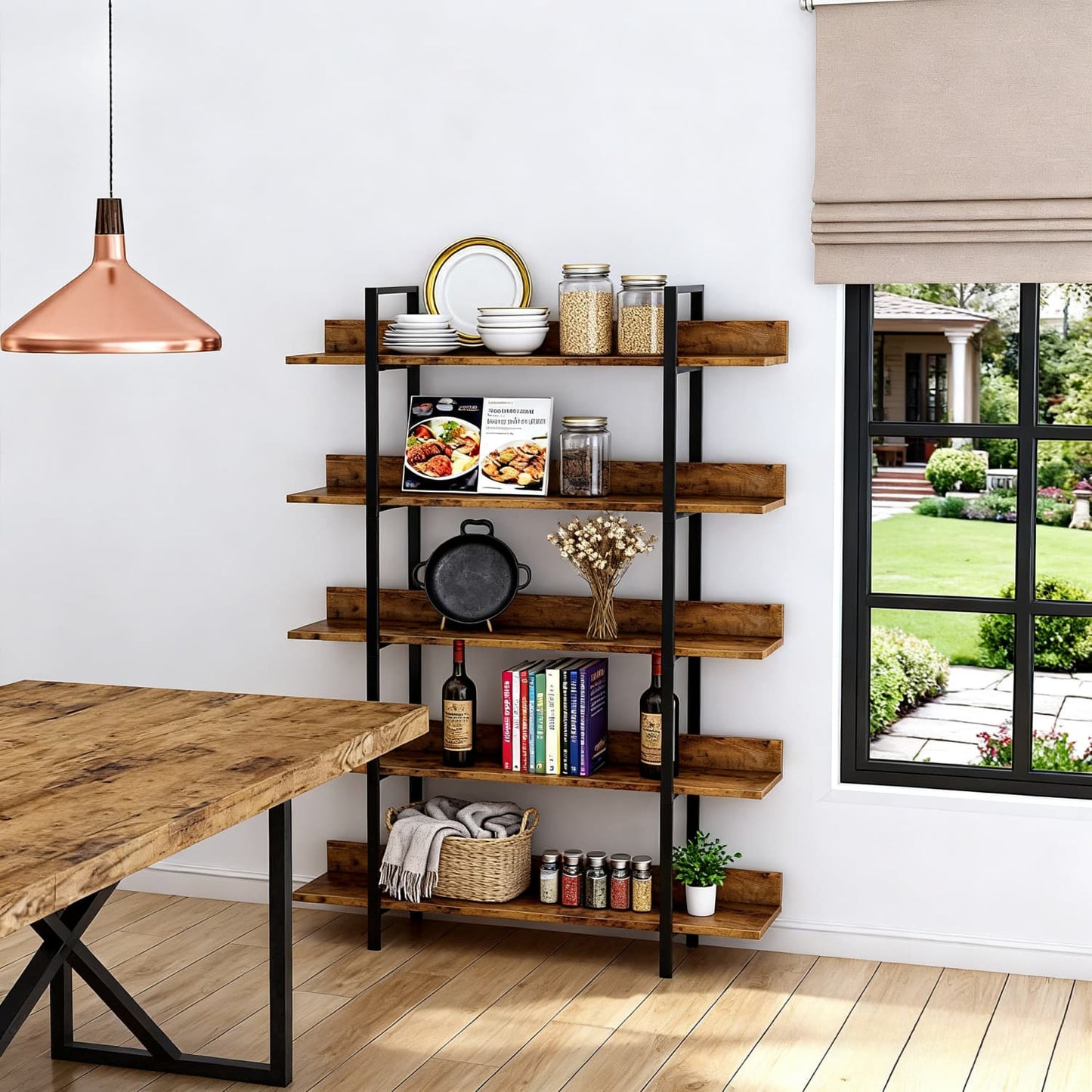 Boekenkast – Boekenrek – Vakkenkast – Opbergkast – Wandkast – Industrieel Design – 5 Laags – Metalen Frame & Houten Planken – 105x33,5x180 cm – Draagkracht 30 kg per Plank