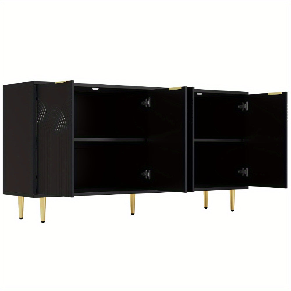 Dressoir – Dressoirkast – Opbergkast – Kast – Ladekast – Modern Design – Zwart MDF Met Hardhouten Afwerking – 160x80x40 cm – Vier Deuren Met Gouden Handgrepen