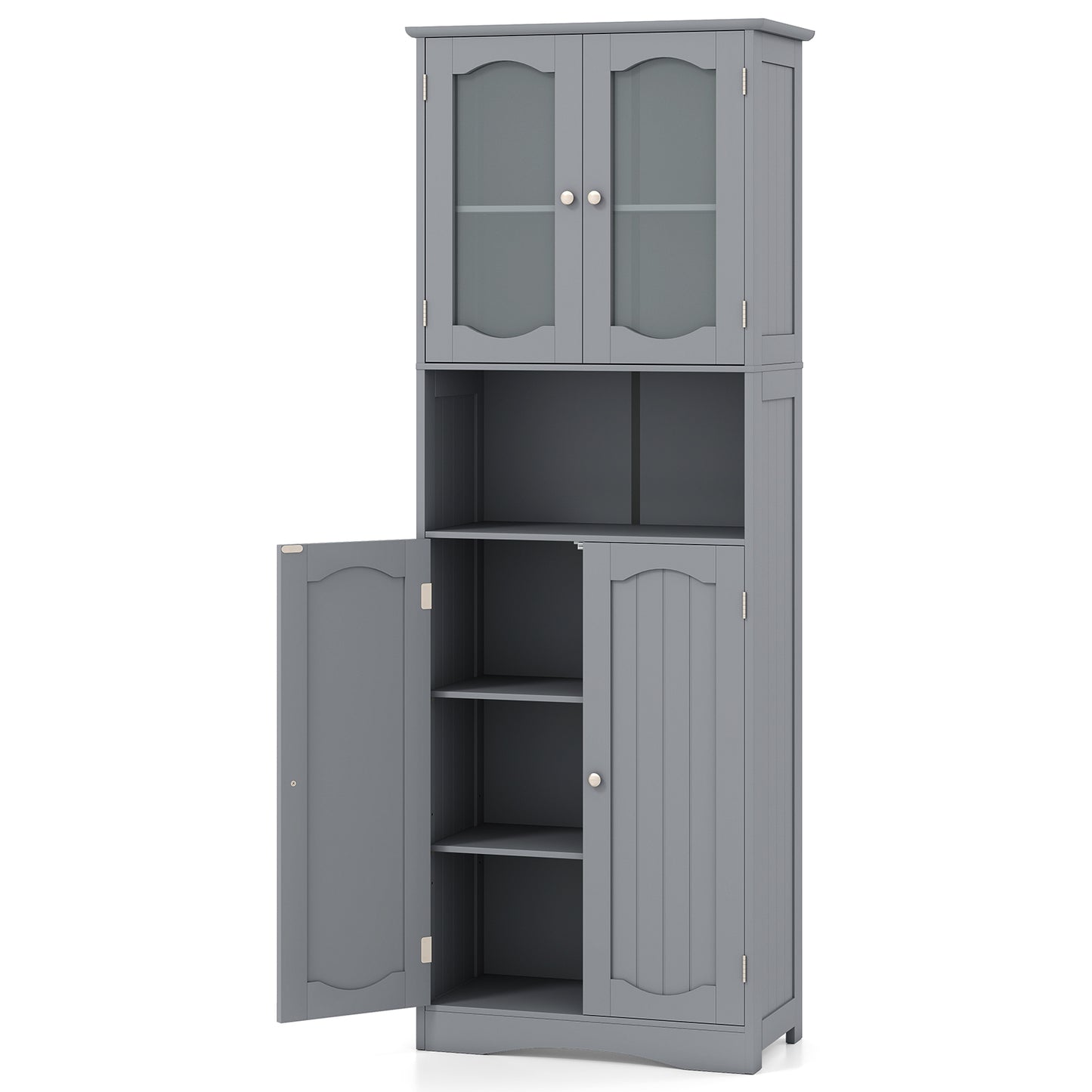 Badkamerkast – Hoge Kast – Kolomkast – Badmeubel – Wastafelonderkast – Mat Glazen Deuren – Verstelbare Planken – Grijs – 164 cm Hoog