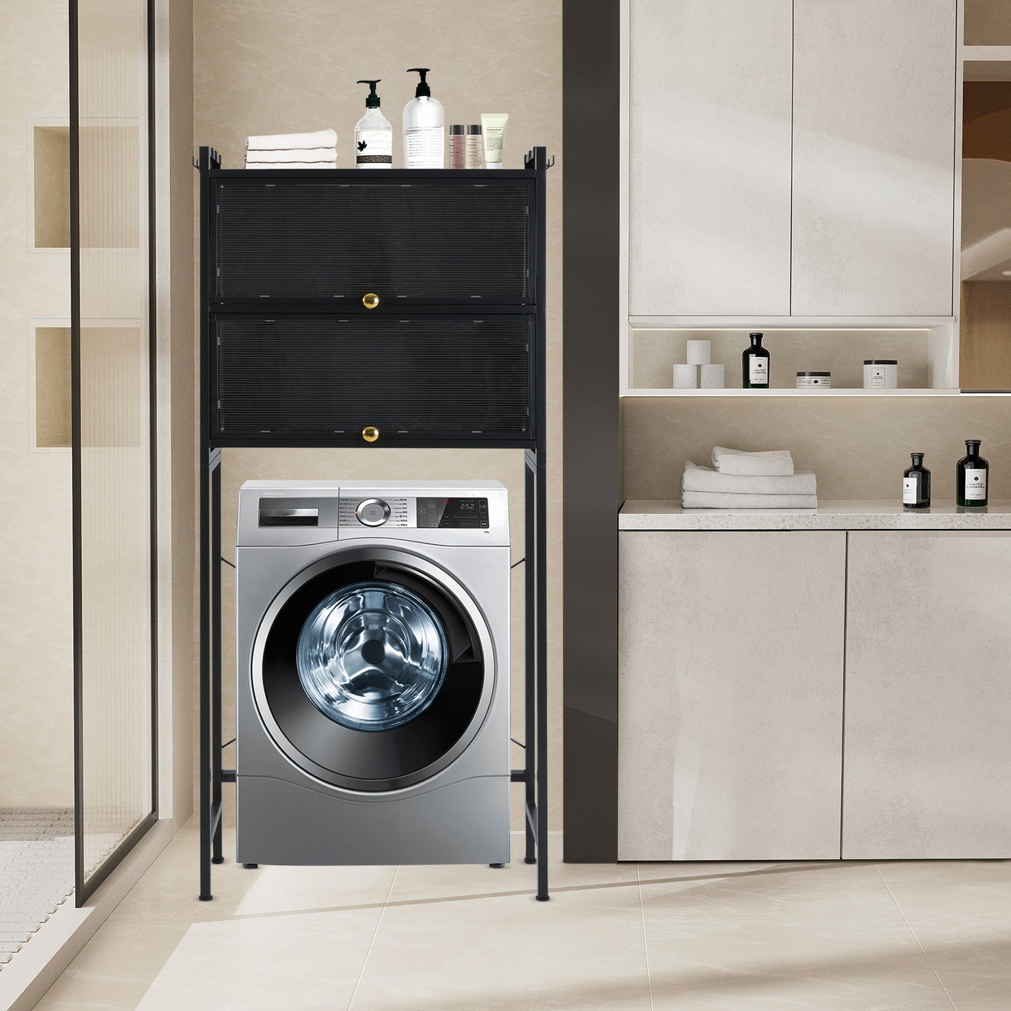 Wasmachine Kast – Wasruimte Kast – Opbergkast Wasmachine – Wasmachine Meubel – Vrijstaande Kast – Zwart Carbonstaal – 3 Planken & 6 Haken – 70x25x167 cm – Max. 50 kg Belastbaar