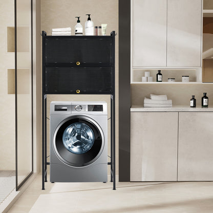 Wasmachine Kast – Wasruimte Kast – Opbergkast Wasmachine – Wasmachine Meubel – Vrijstaande Kast – Zwart Carbonstaal – 3 Planken & 6 Haken – 70x25x167 cm – Max. 50 kg Belastbaar