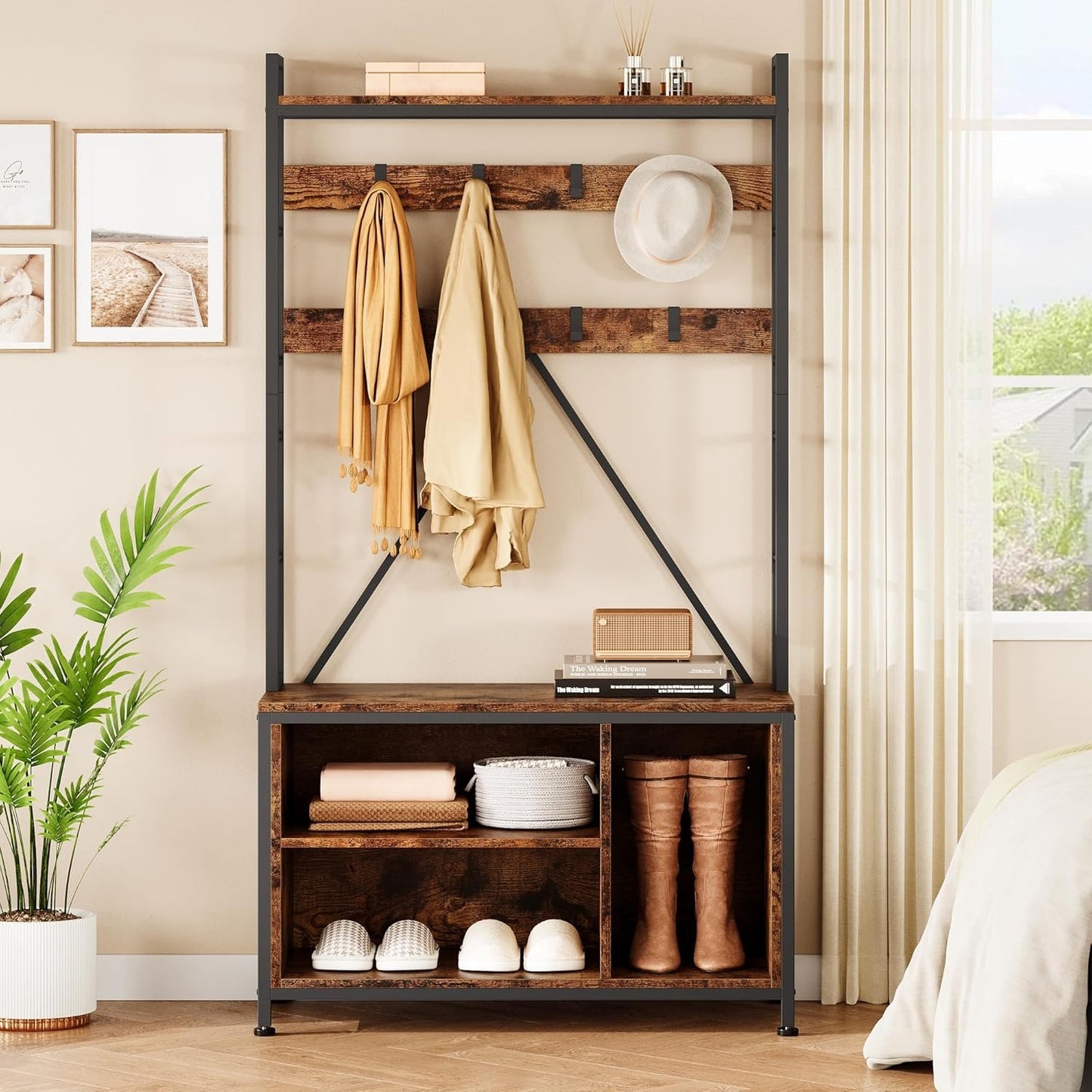 5-in-1 Halmeubel – Kapstok – Schoenenrek – Opbergmeubel – Zitbank – Stevig Metalen Frame – 17 Haken & 2 Lades – Rustiek Bruin – Vrijstaand Design