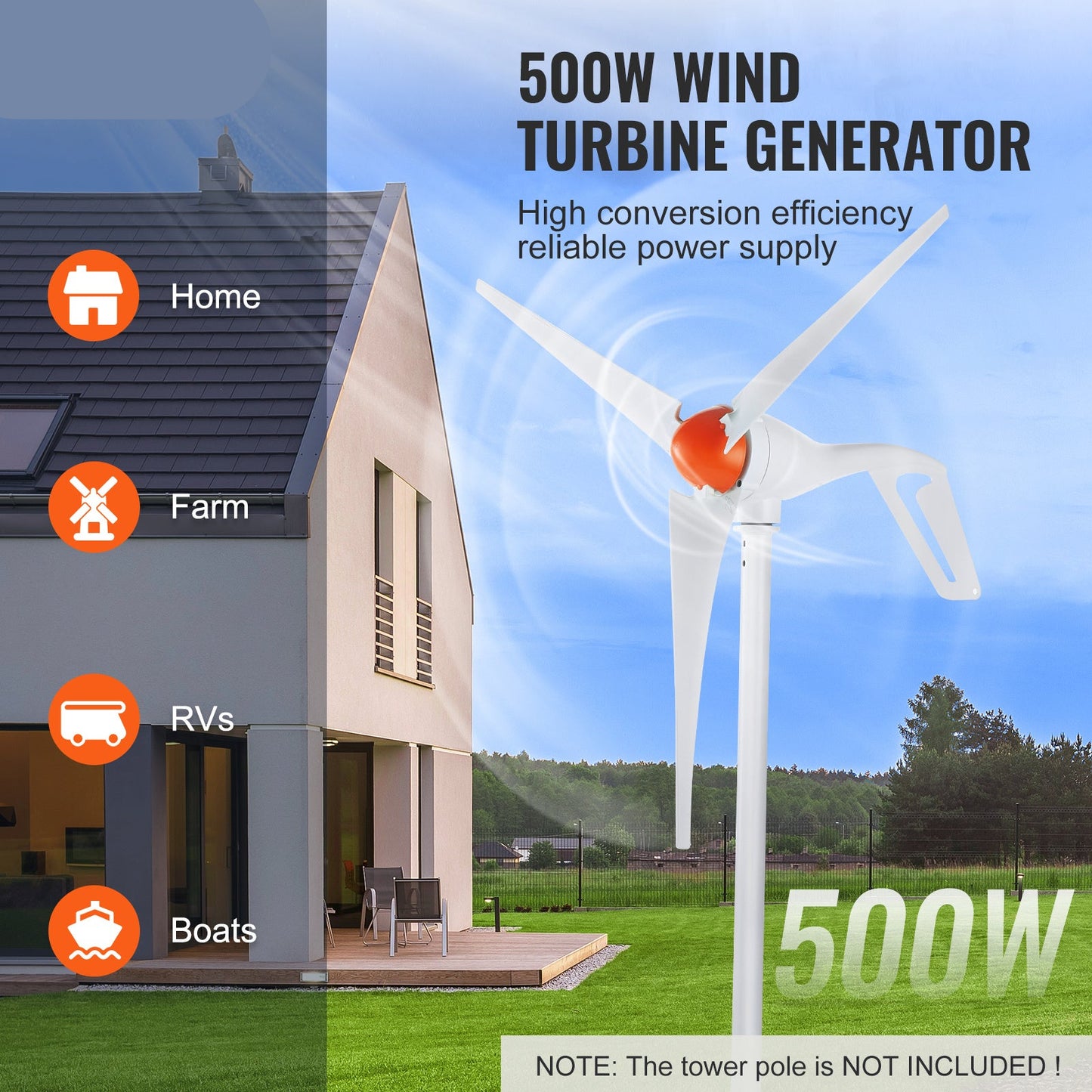 500W Windturbine Generator – Windmolen – Windenergie Generator – Windkracht Turbine – Windkracht Generator – MPPT Controller – 47 Inch Glasvezel Bladen – Wit