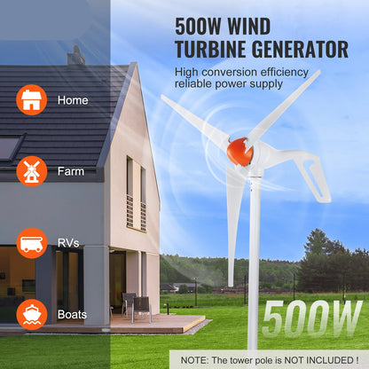500W Windturbine Generator – Windmolen – Windenergie Generator – Windkracht Turbine – Windkracht Generator – MPPT Controller – 47 Inch Glasvezel Bladen – Wit