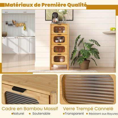 Opbergkast – Opbergmeubel – Ladenkast – Dressoir – Bamboekast – 4 Lades – Gehard Glas – Compact 40x40x97 cm