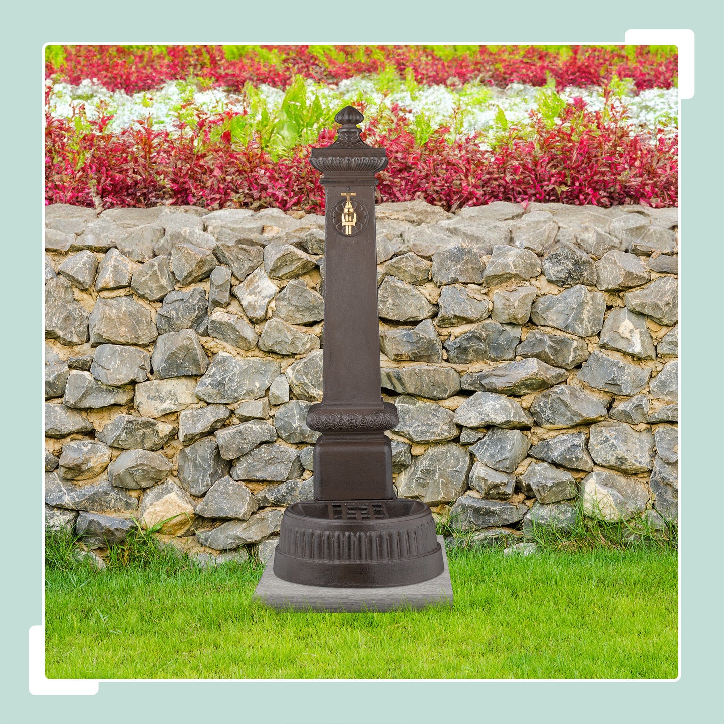 Waterzuil – Tuinkraan – Buitenkraan – Waterfontein – Antieke Tuinkraan – Donkerbruin Met Gouden Kraan – Gietaluminium En Staal – 100 Cm Hoog