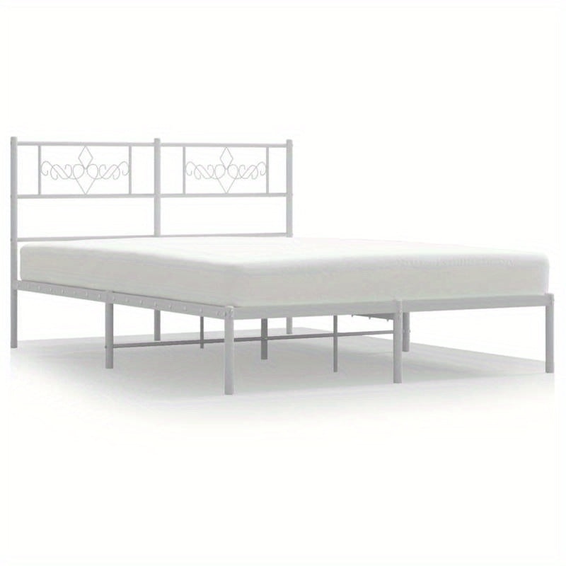 Modern White Metal Bed Frame with Headboard, 140x200cm - Powder-Coated Steel for Strength & Stability, Minimalist Design for Contemporary Bedrooms, Bedroom Decor | Modern Bedframe | Sturdy Construction