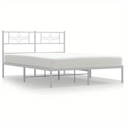 Modern White Metal Bed Frame with Headboard, 140x200cm - Powder-Coated Steel for Strength & Stability, Minimalist Design for Contemporary Bedrooms, Bedroom Decor | Modern Bedframe | Sturdy Construction