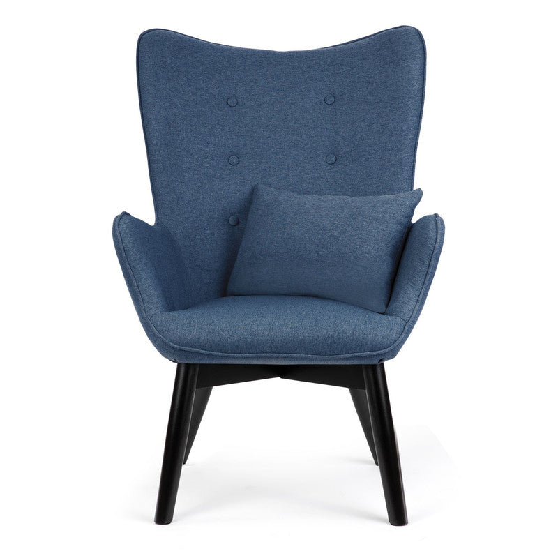Fauteuil – Armstoel – Relaxstoel – Zetel – Sessel – Blauw Stof – Beukenhouten Poten – Inclusief Voetenbank