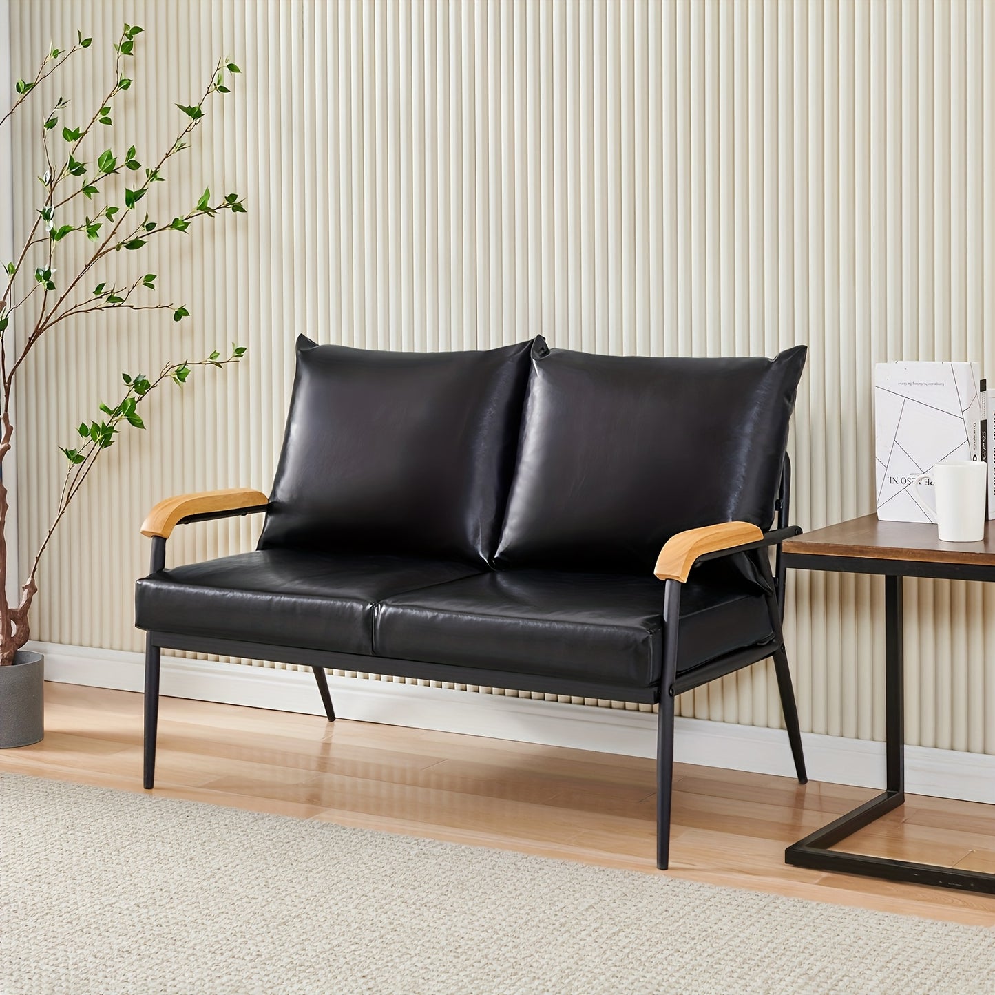 2-zits Bank – Loveseat – Loungebank – Settee – Fauteuil – PU Leren Kussen – Metalen Frame – Lichtbruin – Modern Retro – Comfortabel – Opvouwbaar