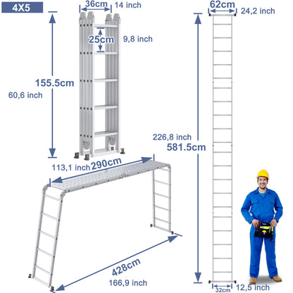 Ladder – Huishoudtrap – Keukentrap – Vouwladder – Werkplatform – 6-in-1 Multifunctioneel – Aluminium, 20 Treden, Inklapbaar tot 285 cm Hoogte