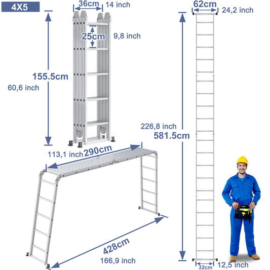 Ladder – Huishoudtrap – Keukentrap – Vouwladder – Werkplatform – 6-in-1 Multifunctioneel – Aluminium, 20 Treden, Inklapbaar tot 285 cm Hoogte