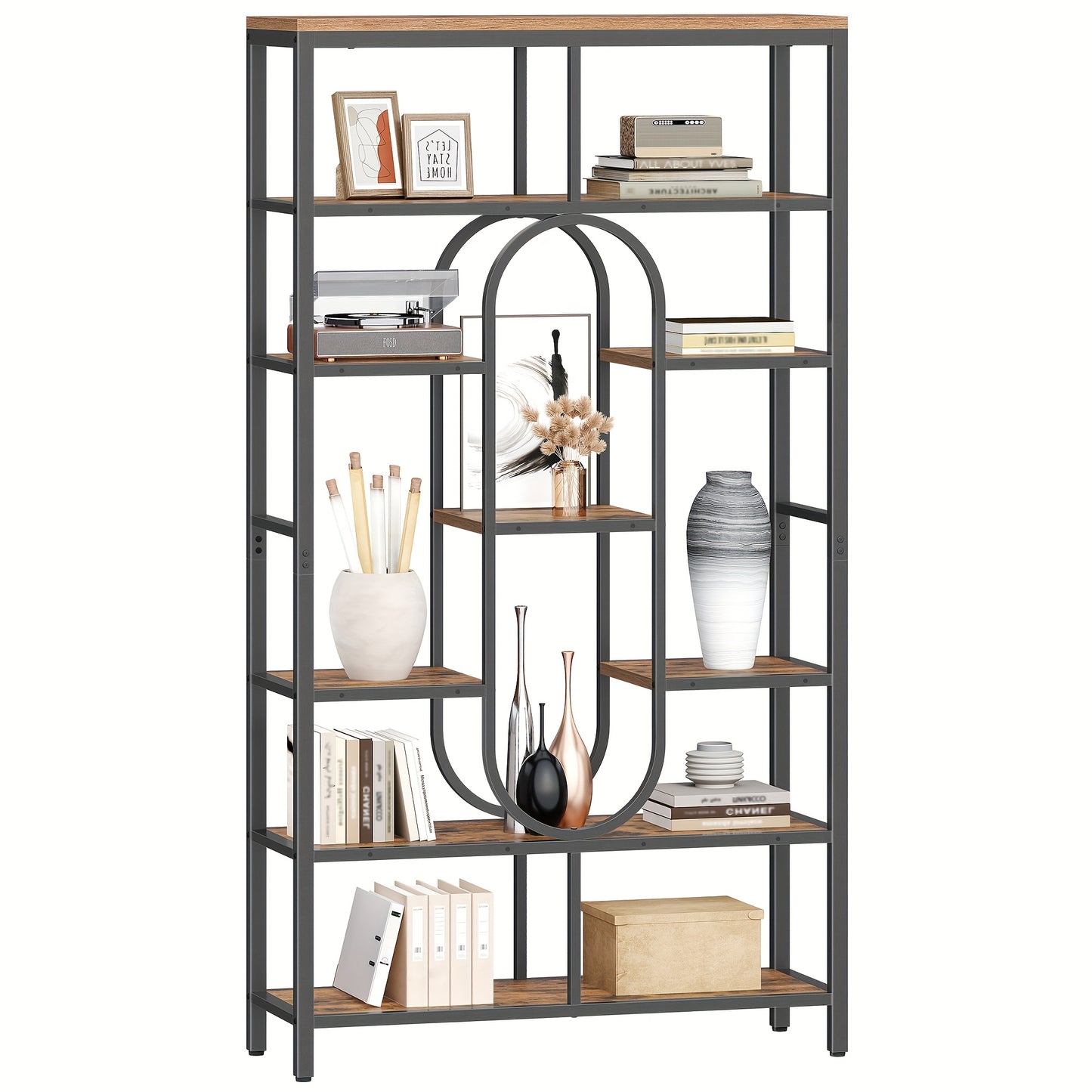 Boekenkast – Vakkenkast – Staande Plank – Roomdivider – Opbergkast – Vintage Bruin-Zwart – 7 Lagen Met 9 Planken – Stevig Stalen Frame 30x100x180 cm