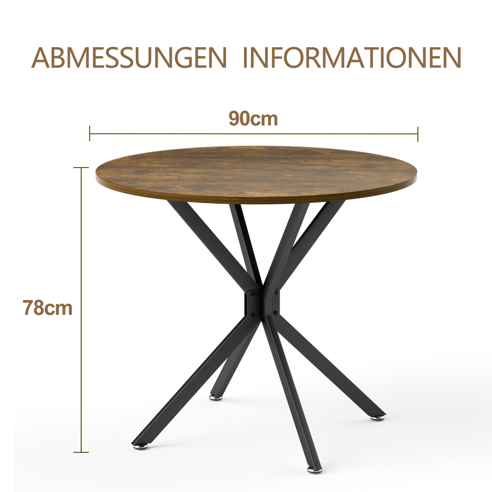 Ronde Eettafel – Eettafel Klein – Keukentafel Rond – Tafel Compact – Tafel 90 Cm – Stevige Zwarte Metalen Poten – Ruimtebesparend Bruin Spaanplaatblad