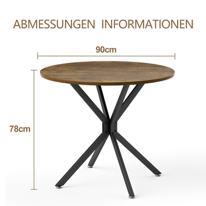 Ronde Eettafel – Eettafel Klein – Keukentafel Rond – Tafel Compact – Tafel 90 Cm – Stevige Zwarte Metalen Poten – Ruimtebesparend Bruin Spaanplaatblad