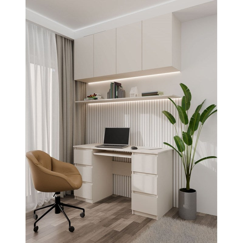 Bureau – Computertafel – Werkplek – Schrijftafel – Laptopbureau – 130x51x76 cm – 6 Lades Met Uittrekbaar Toetsenbordblad – Beige Kasjmier Spaanplaat