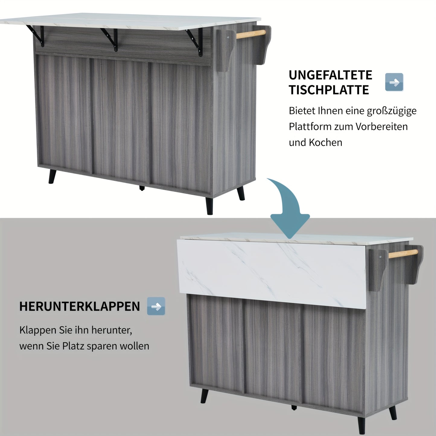 Eettafelkar – Dressoir – Opbergkast – Keukenwagen – Serveerwagen – Uitbreidbaar Marmeren Blad – Mobiel Met Wielen – Khaki Grijs Houtnerf – Massief Houten Poten