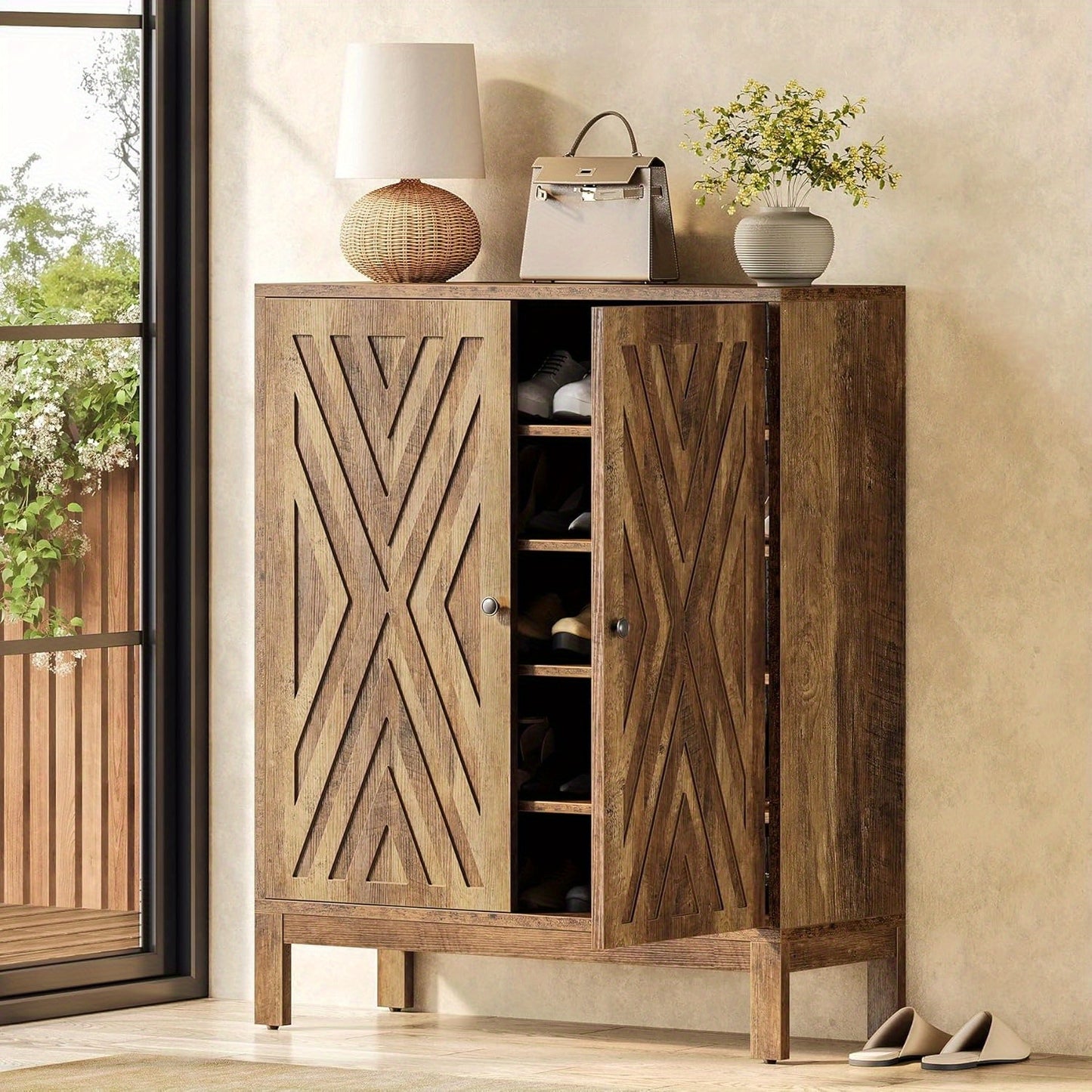 Schoenenkast – Schoenenrek – Schoenenopberger – Opbergkast – Schoenenbank – 5 Lagen – Verstelbare Planken – Industrieel Bruin Hout – Stevig Vloerstaand Design