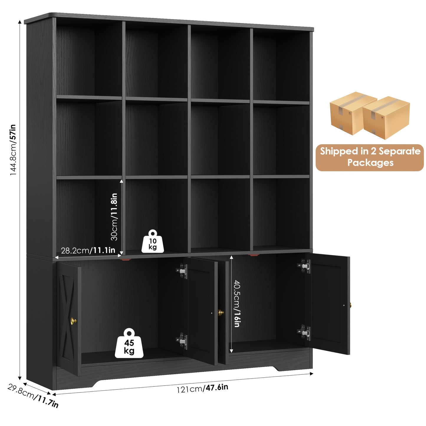 Hoge Boekenkast – Boekenkast Met Deuren – Opbergkast – Vitrinekast – Kast Voor Woonkamer – Zwart – 12 Compartimenten – Ruimtebesparend Verticaal Design