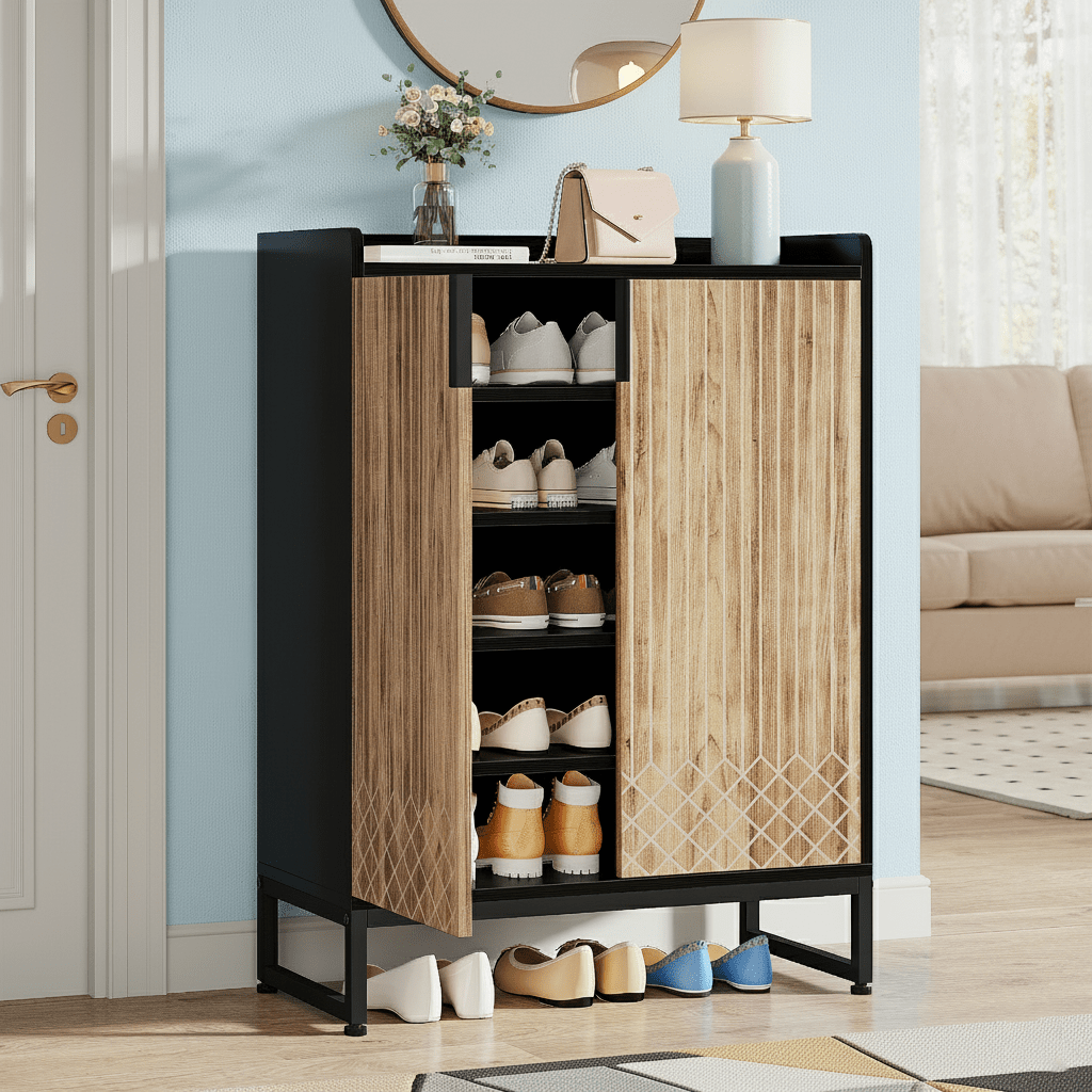 Schoenenkast – Schoenenrek – Schoenenopberger – Opbergkast – Schoenenmeubel – 6-laags – Spaanplaat Hout – Voor 25 Paar Schoenen – Met Deuren – Zwart & Bruin – Modern Design – Vrijstaand