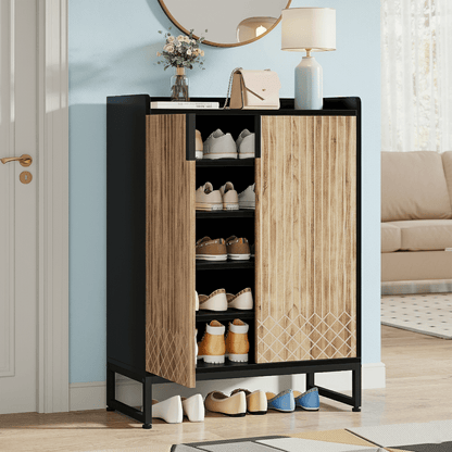 Schoenenkast – Schoenenrek – Schoenenopberger – Opbergkast – Schoenenmeubel – 6-laags – Spaanplaat Hout – Voor 25 Paar Schoenen – Met Deuren – Zwart & Bruin – Modern Design – Vrijstaand