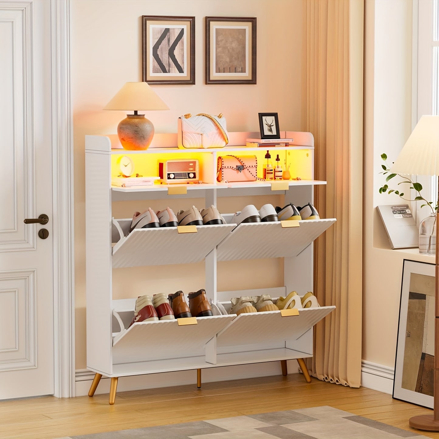 Schoenenkast – Schoenenrek – Schoenenopberger – Schoenenbank – Halmeubel – Wit – 4 Klepdeuren – Glazen Bovenblad – Ruimtebesparend – Massief Hout