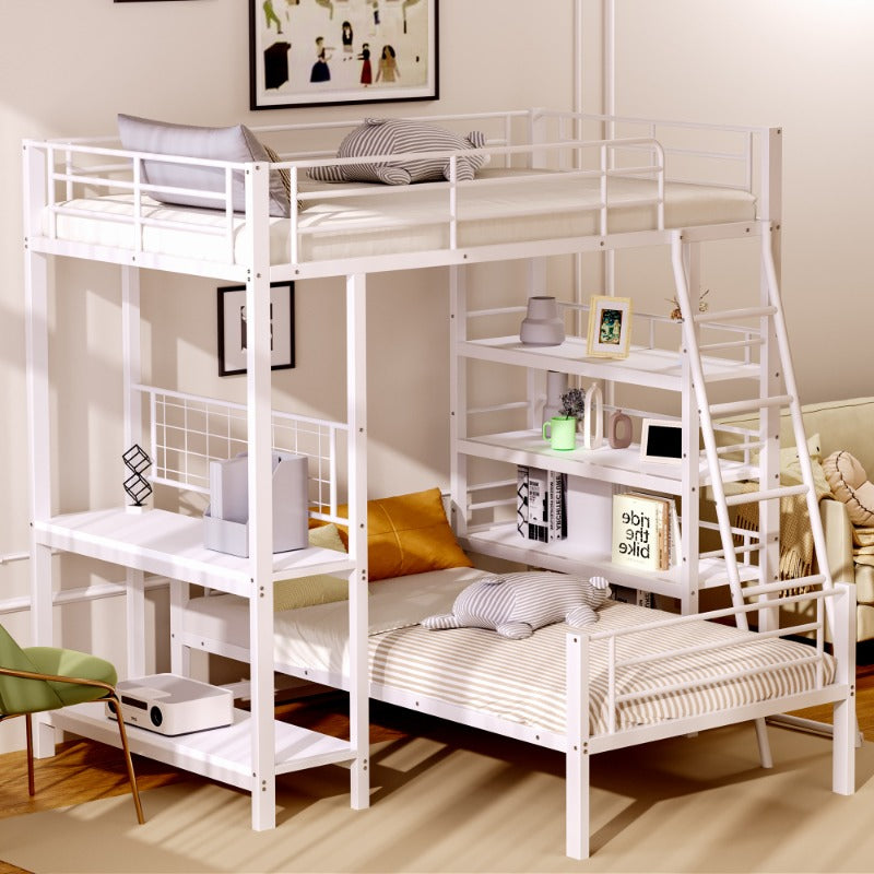 Hoogslaper – Loftbed – Stapelbed – Kinderbed – Eenpersoonsbed – Met Opbergrekken – 90x200 cm – Wit Metaal – Ruimtebesparend – Stevig
