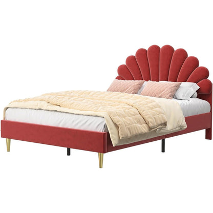 Bedbodem 140x200 cm – Bedframe – Slaapkader – Plattformbed – Boxspringbed – Bordeaux Velvet Bloemenhoofdeinde – Stevig Massief Houten Frame – Geen Boxspring Nodig